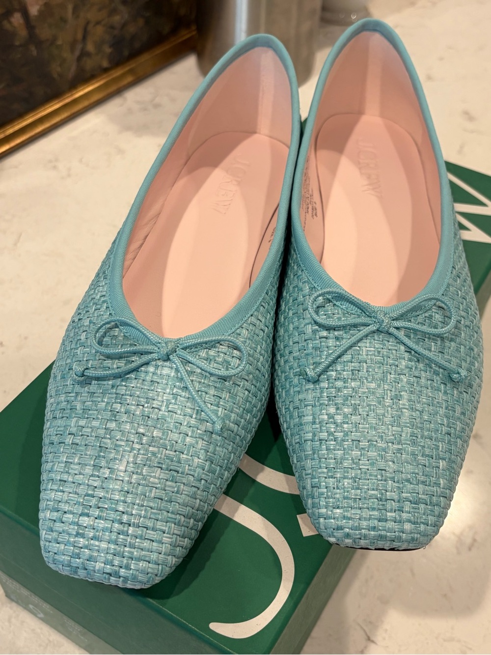 J. Crew Aqua Woven Square-Toe Ballet Flats with Bow